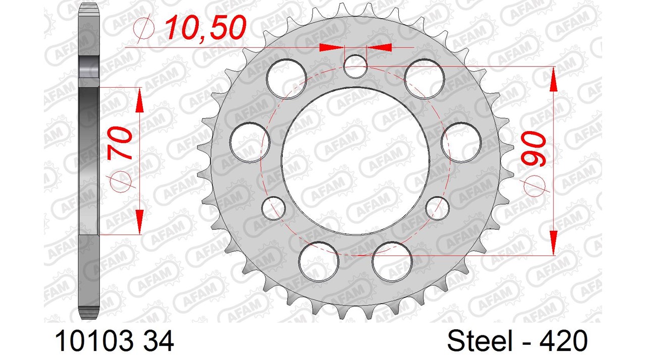 Stahl-Kettenrad AFAM 420 - 34Z (Silber) 10103-34| ID 70 LK 90 3-Loch