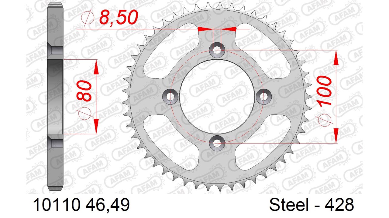 Stahl-Kettenrad AFAM 428 - 46Z (Silber) 10110-46| ID 80 LK 100 4-Loch