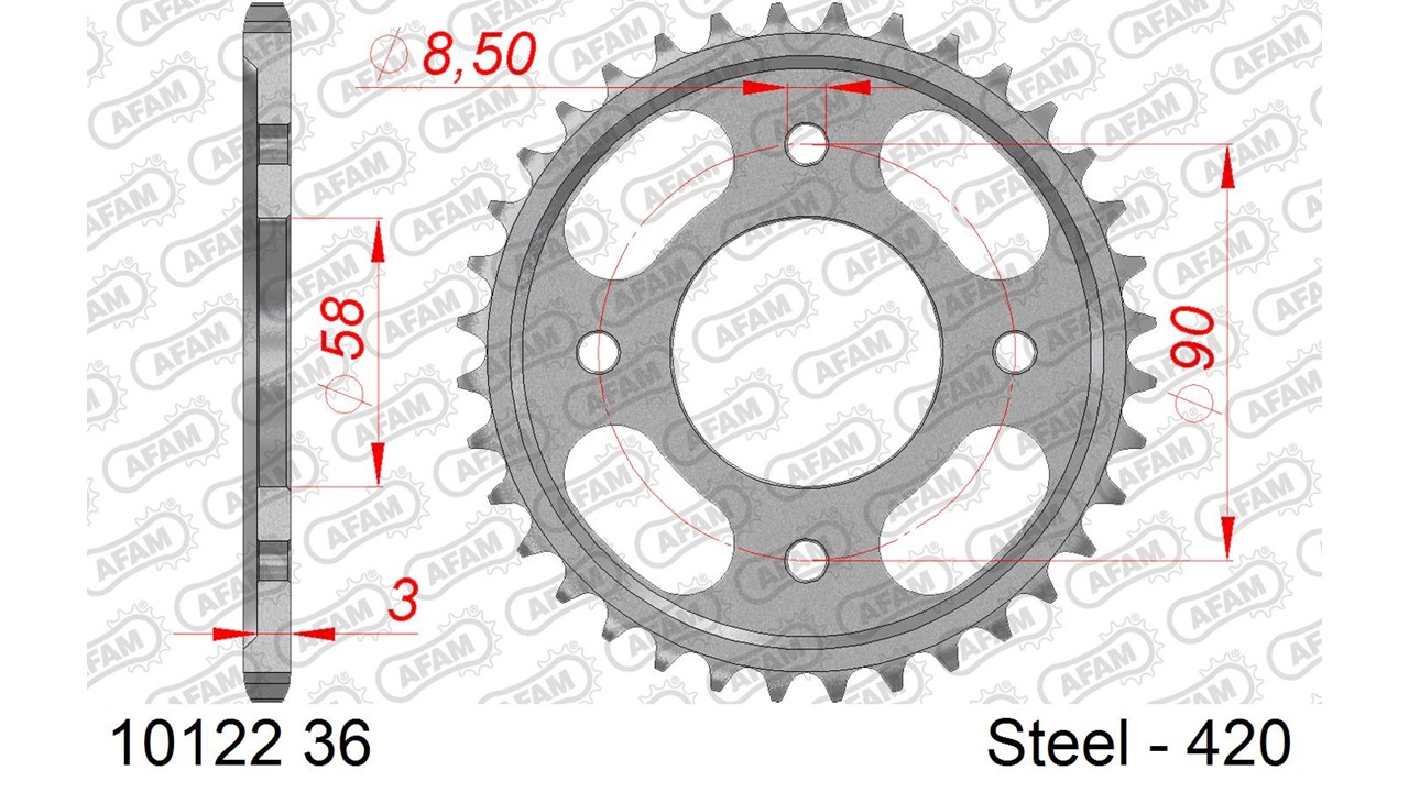 Stahl-Kettenrad AFAM 420 - 36Z (Silber) 10122-36| ID 58 LK 90 4-Loch