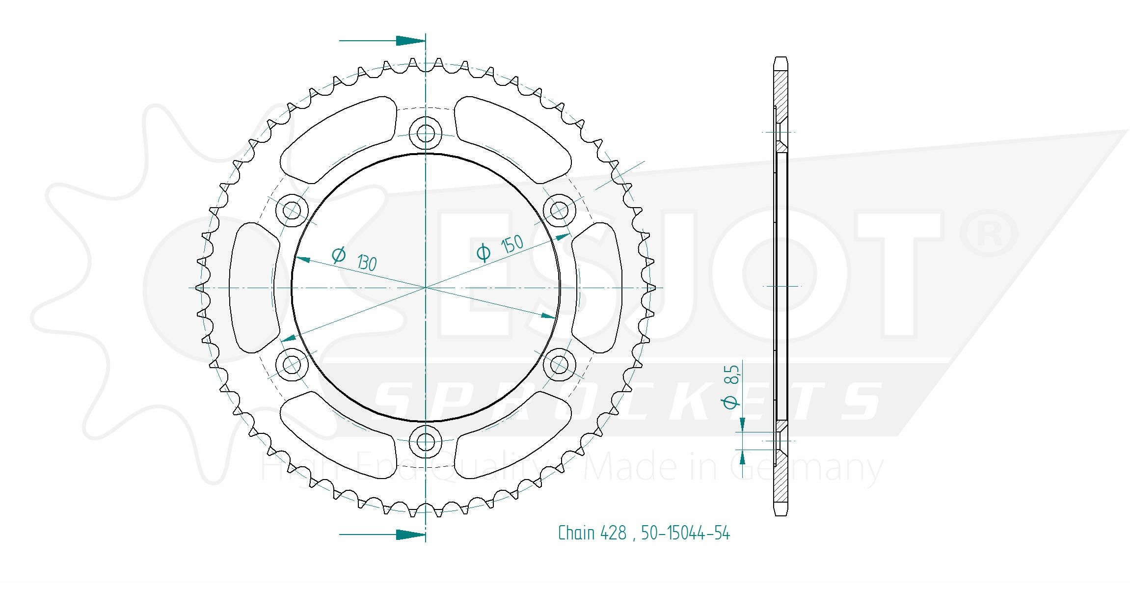 Stahl-Kettenrad Esjot 428 - 54Z 50-15044-54 ID 130,0 LK 150,0 6-Loch