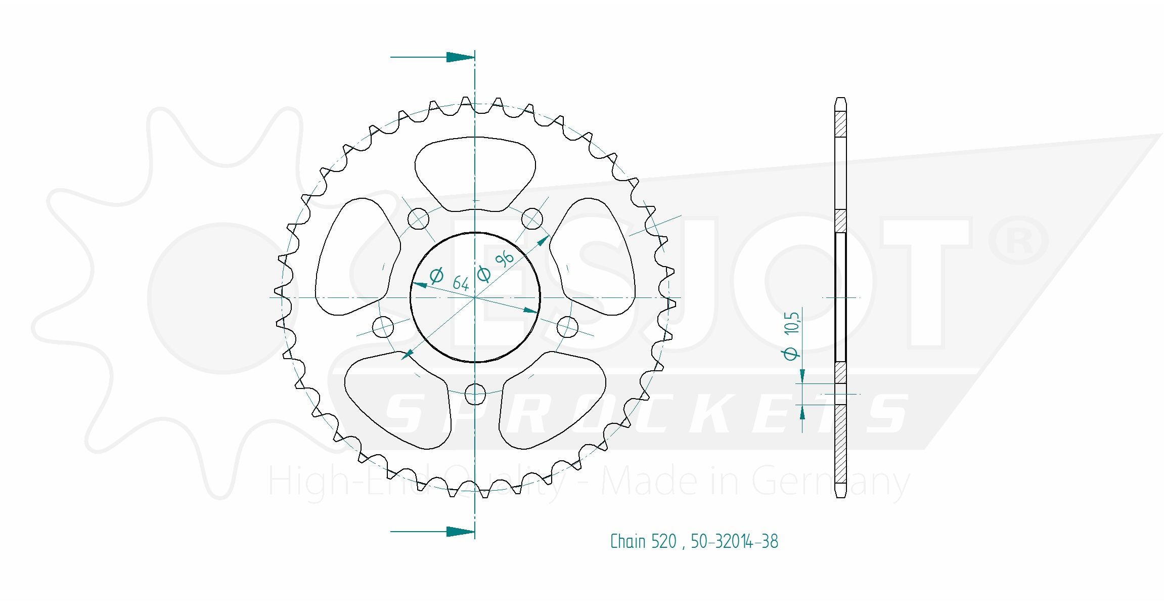Stahl-Kettenrad Esjot 520 - 38Z 50-32014-38 ID 64,0 LK 96,0 5-Loch