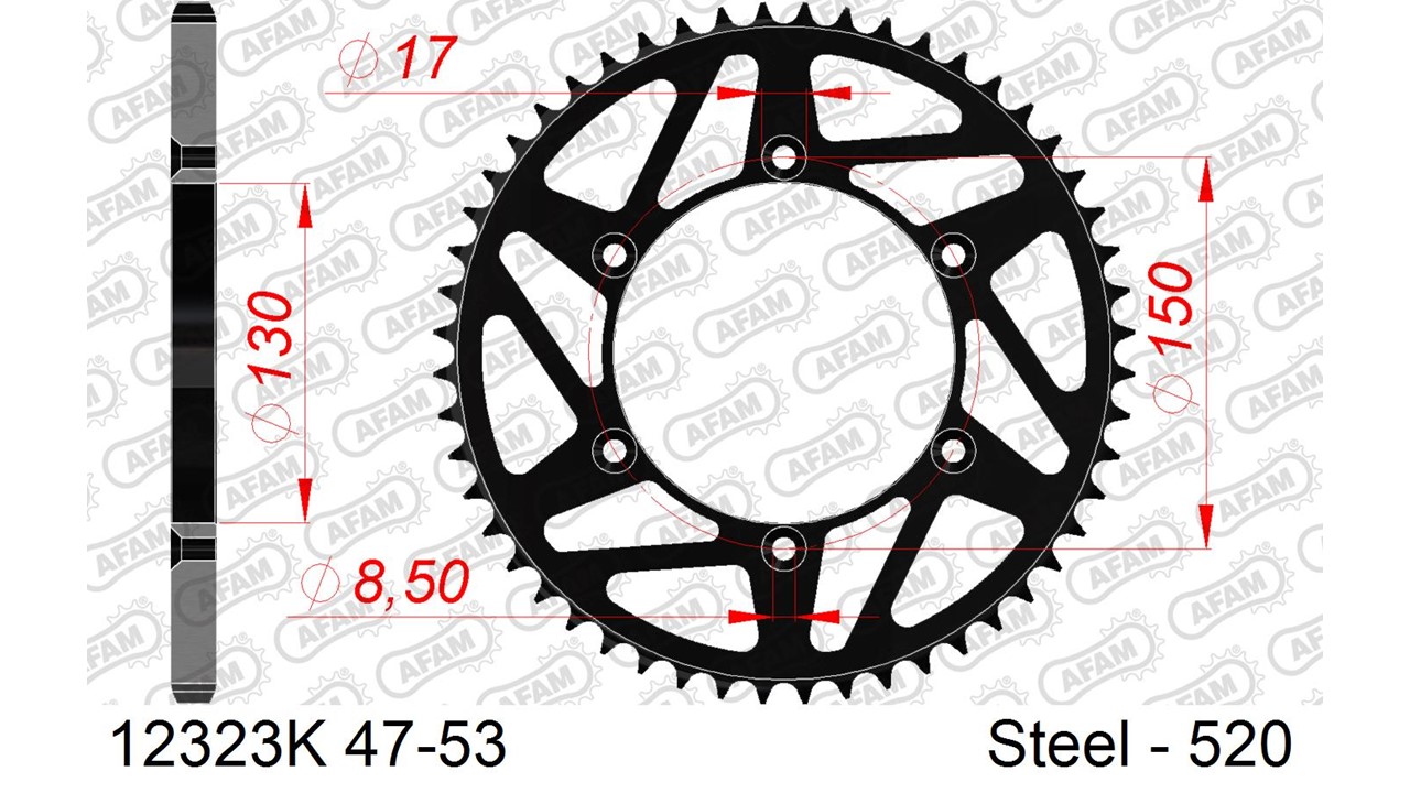 MX Stahl-Kettenrad AFAM 520 - 52Z (Schwarz) 12323K-52| ID 130 LK 150 6-Loch