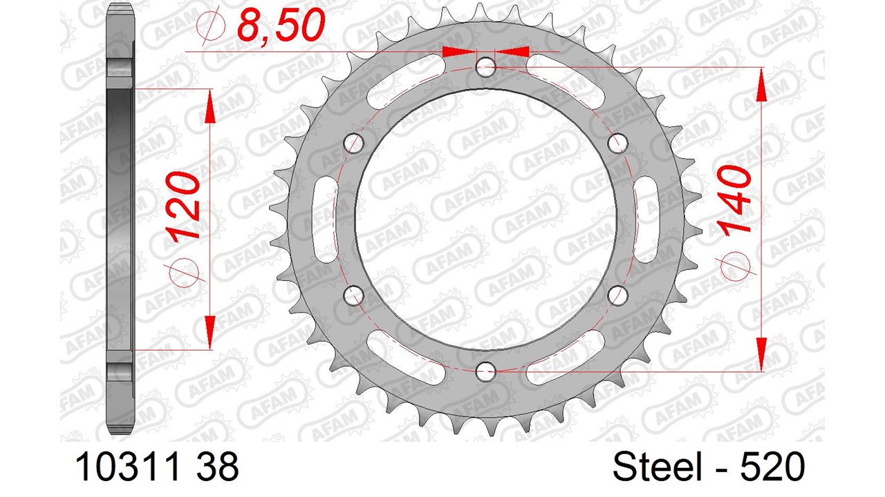Stahl-Kettenrad AFAM 520 - 38Z (Silber) 10311-38| ID 120 LK 140 6-Loch