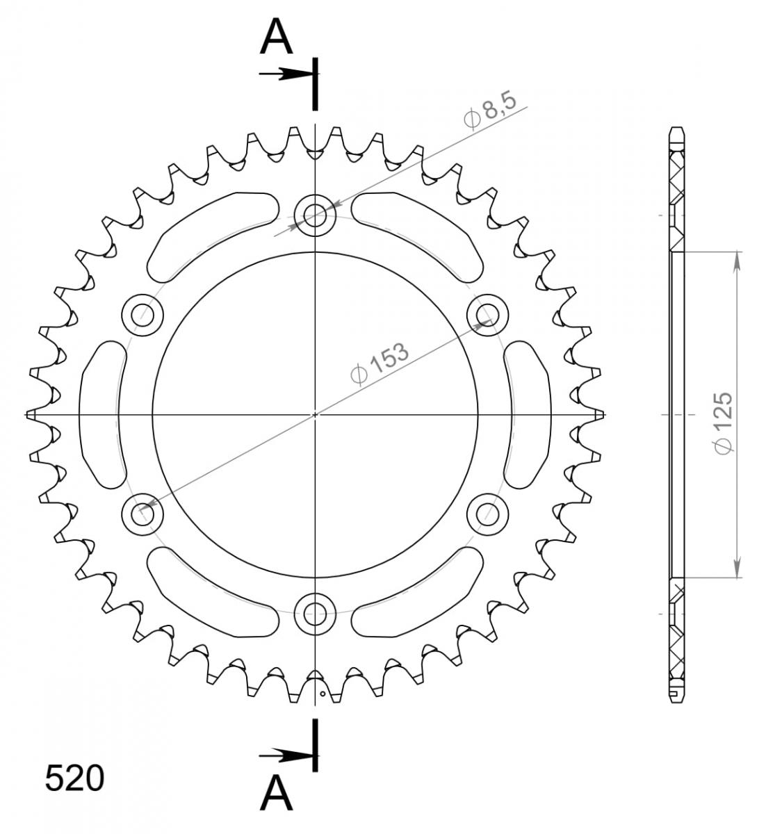 Alu-Kettenrad Supersprox 520 - 41Z (rot) RAL-210:41-RED|ID 125,0 LK 153,0 6-Loch/6-Loch