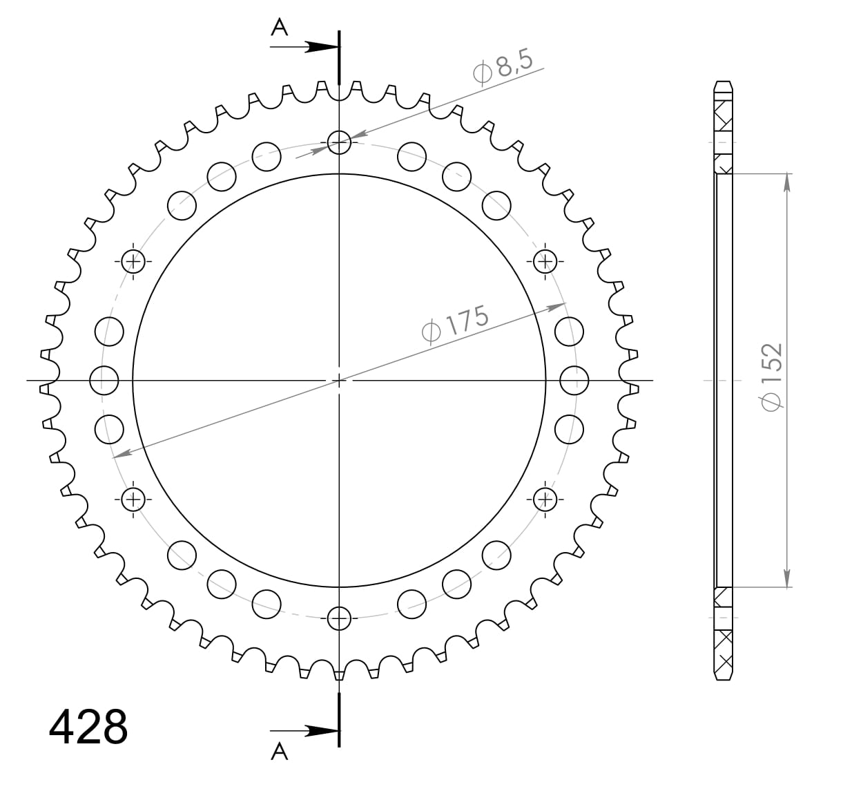 Alu-Kettenrad Supersprox 428 - 53Z (rot) RAL-839:53-RED|ID 152,0 LK 175,0 6-Loch