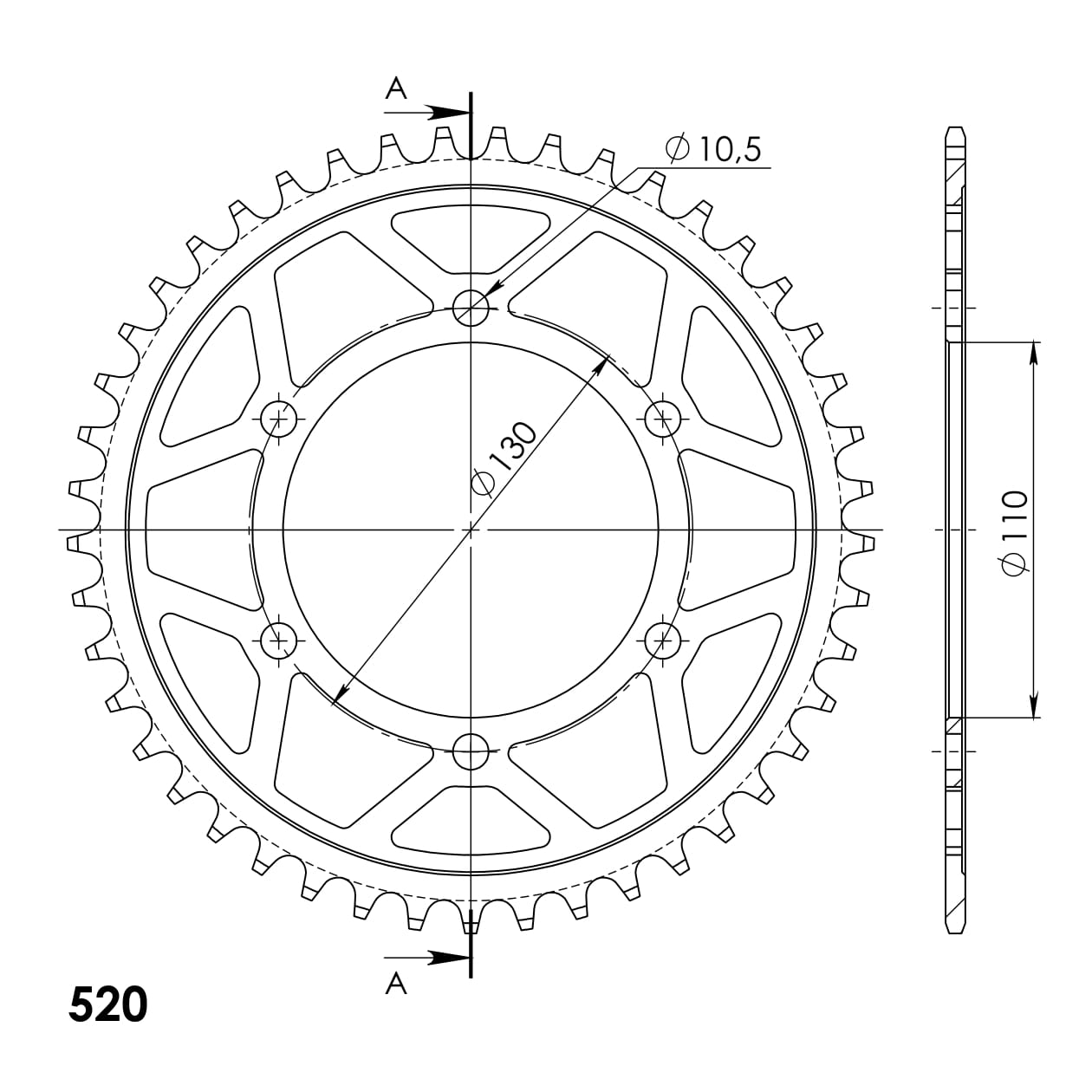 Steel Edge-Kettenrad Supersprox 520 - 45Z (gold) RFA-486:45-GLD|ID 110,0 LK 130,0 6-Loch