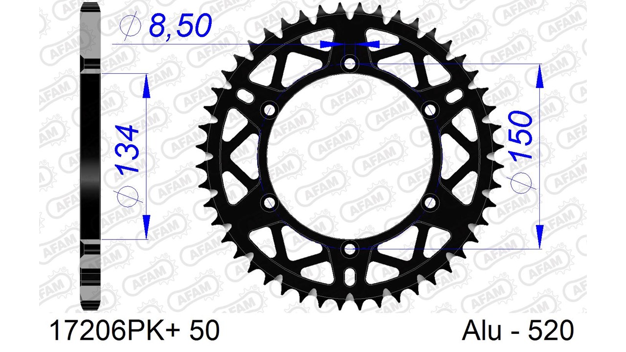 Alu-Kettenrad AFAM 520 - 50Z (Schwarz) 17206PK+50 ID 134 LK 150 6-Loch mit Schlammnut