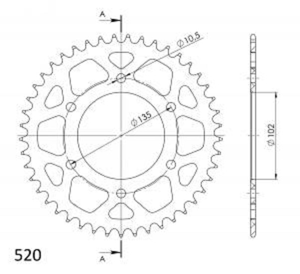 Alu-Kettenrad Supersprox 520 - 45Z (rot) RAL-401:45-RED|ID 102,0 LK 135,0 6-Loch