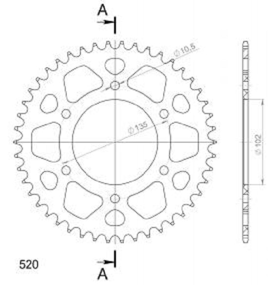 Alu-Kettenrad Supersprox 520 - 46Z (rot) RAL-401:46-RED|ID 102,0 LK 135,0 6-Loch