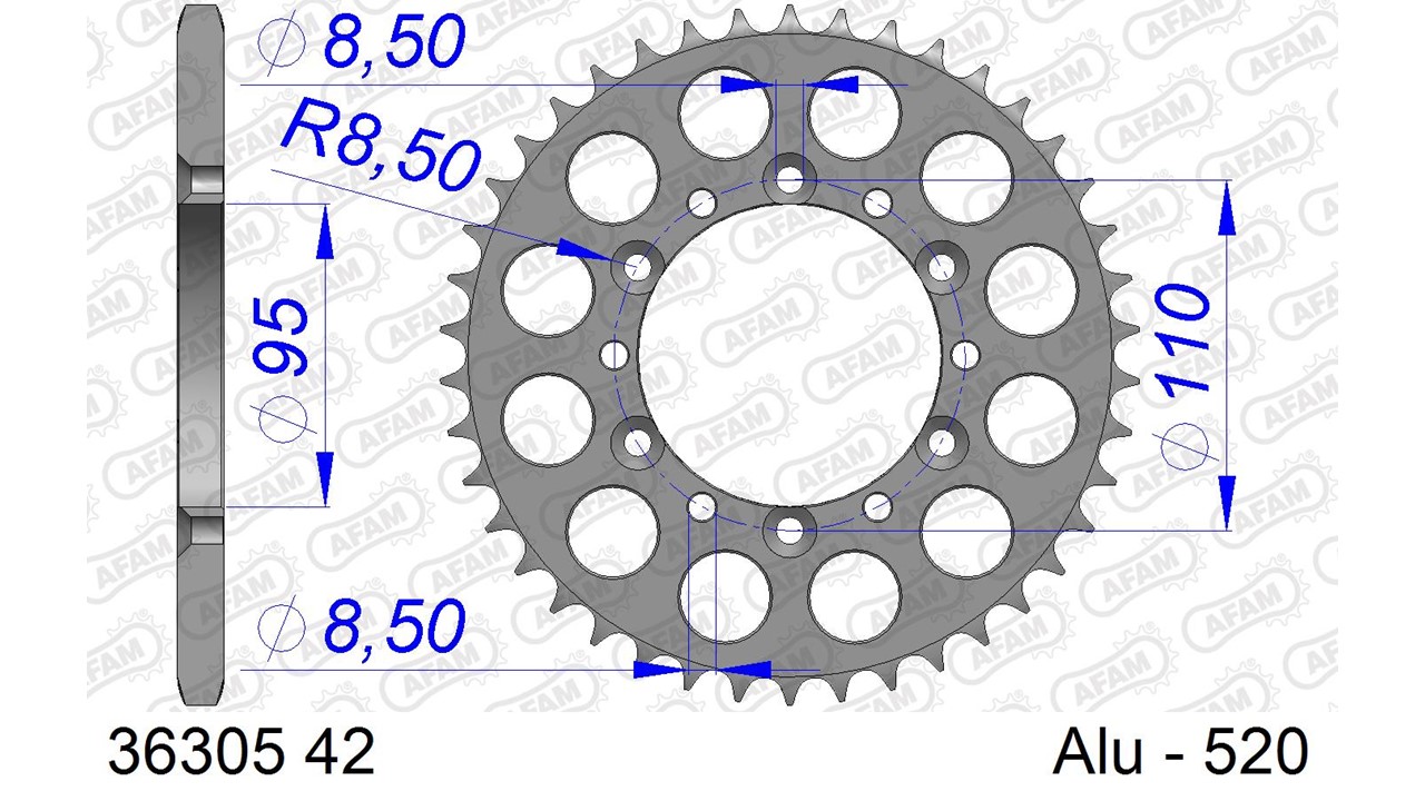 Alu-Kettenrad AFAM 520 - 42Z (Silber) 36305-42 ID 95 LK 110 6-Loch