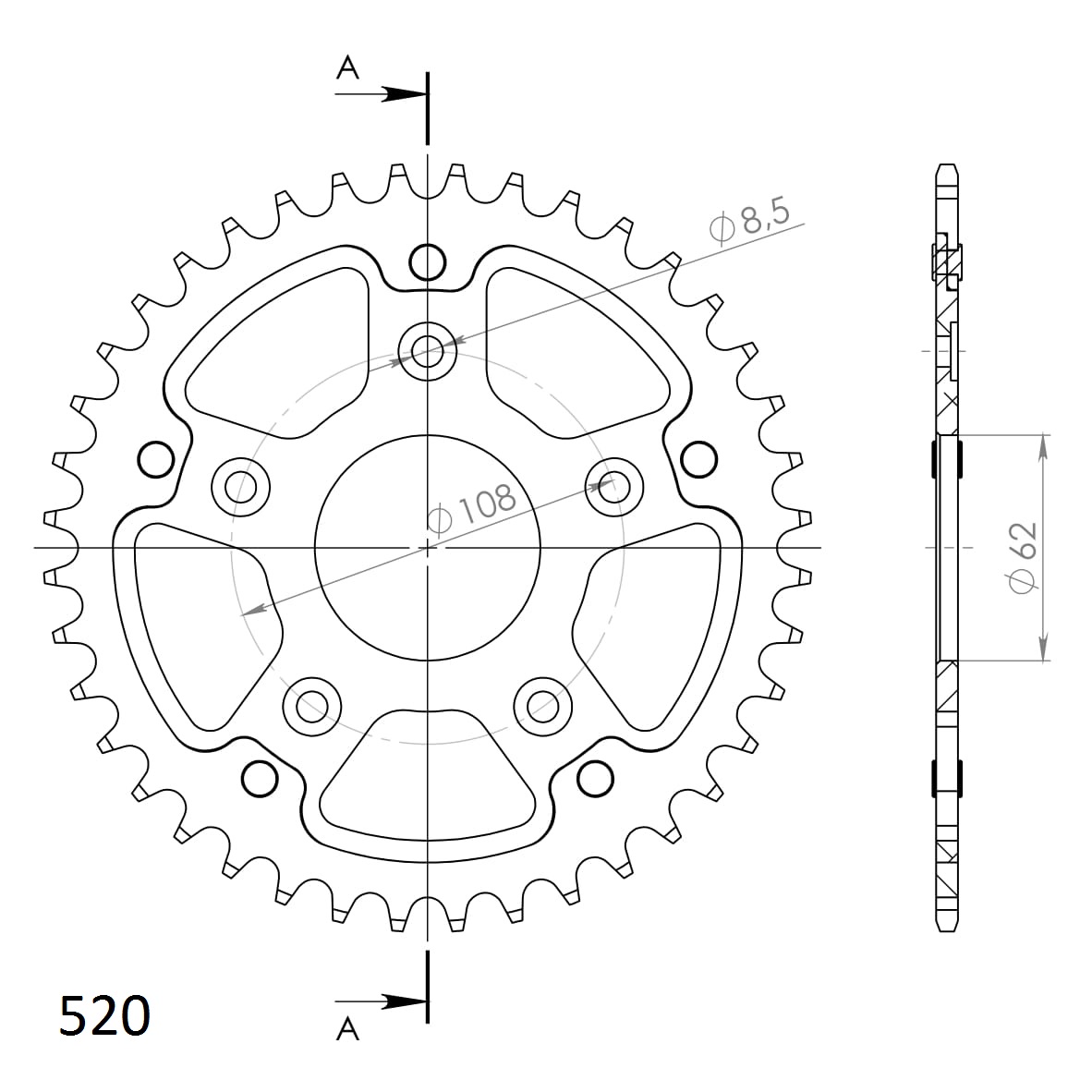 Stealth-Kettenrad Supersprox 520 - 42Z (gold) RST-701:42-GLD|ID 62,0 LK 108,0 5-Loch