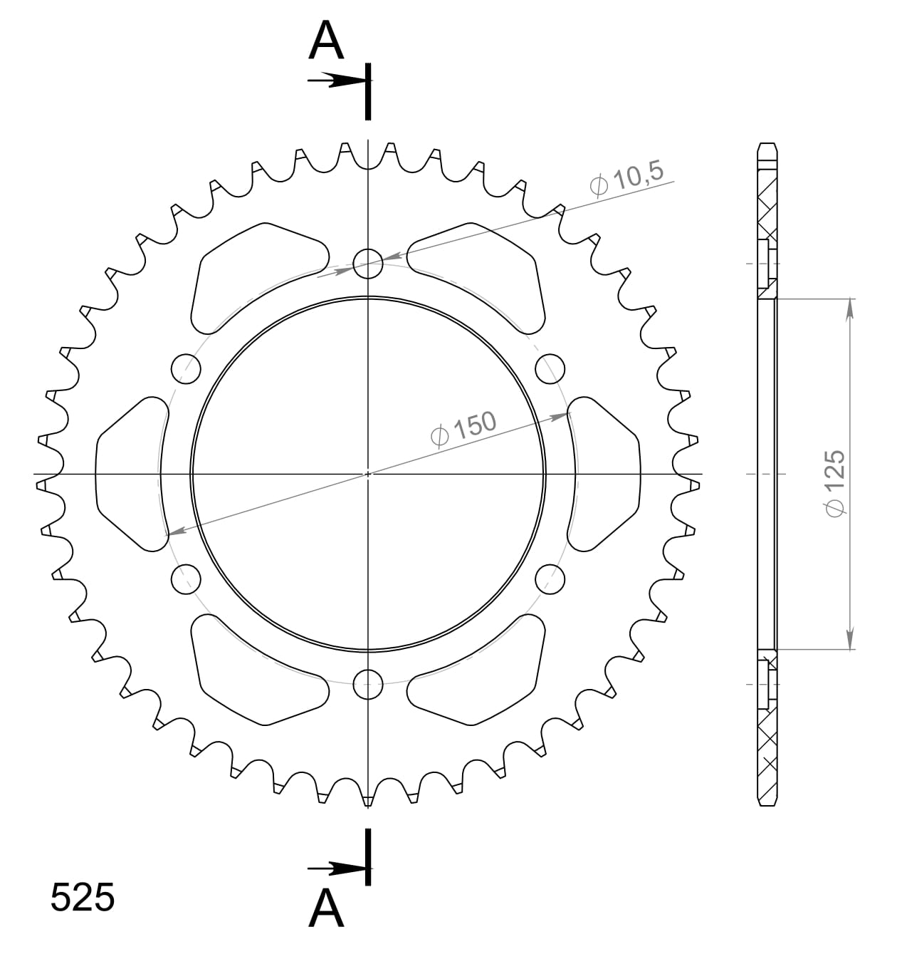 Alu-Kettenrad Supersprox 525 - 45Z (orange) RAL-899:45-ORG|ID 125,0 LK 150,0 6-Loch