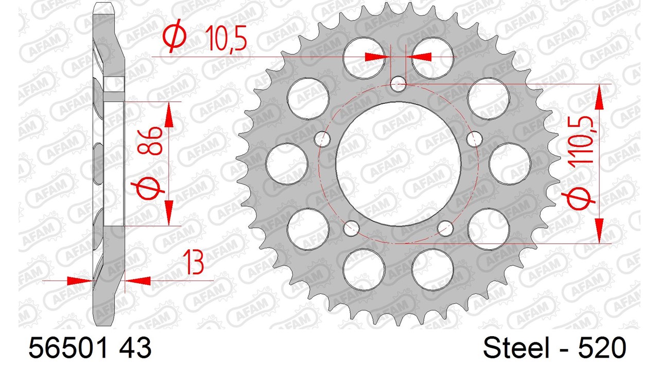 Stahl-Kettenrad AFAM 520 - 43Z (Silber) 56501-43| ID 86 LK 110,5 5-Loch