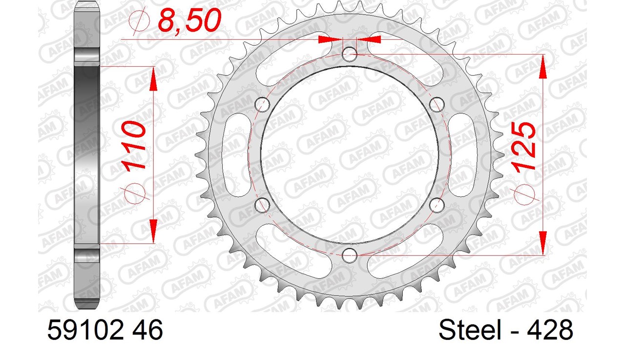 Stahl-Kettenrad AFAM 428 - 46Z (Silber) 59102-46| ID 100 LK 125 6-Loch