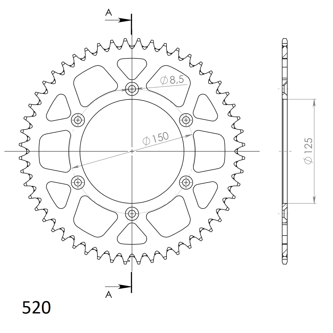 Alu-Kettenrad Supersprox 520 - 48Z (rot) RAL-990:48-RED|ID 125,0 LK 150,0 6-Loch