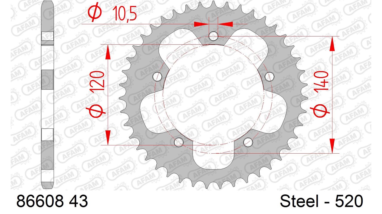Stahl-Kettenrad AFAM 520 - 43Z (Silber) 86608-43| ID 120 LK 140 5-Loch