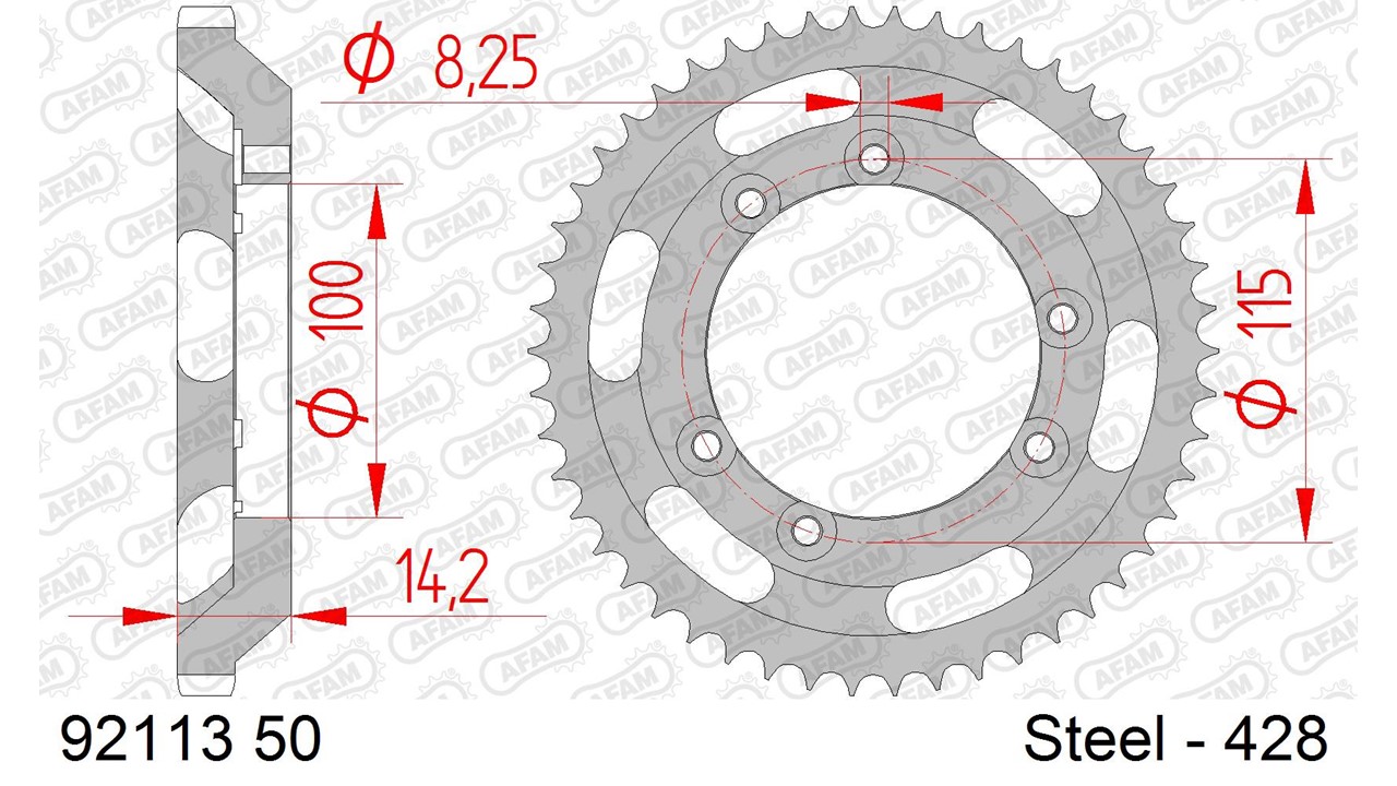 Stahl-Kettenrad AFAM 428 - 50Z (Silber) 92113-50| ID 100 LK 115 6-Loch