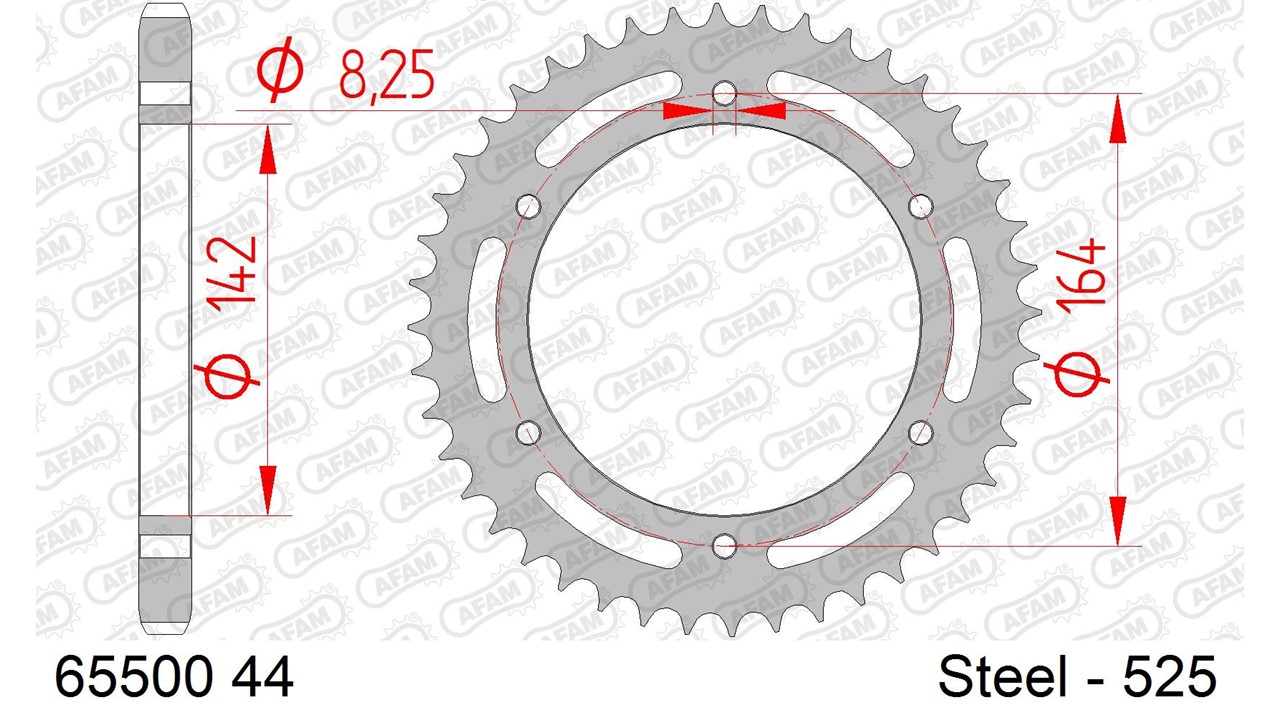 Stahl-Kettenrad AFAM 525 - 44Z (Silber) 65500-44| ID 142 LK 164 6-Loch