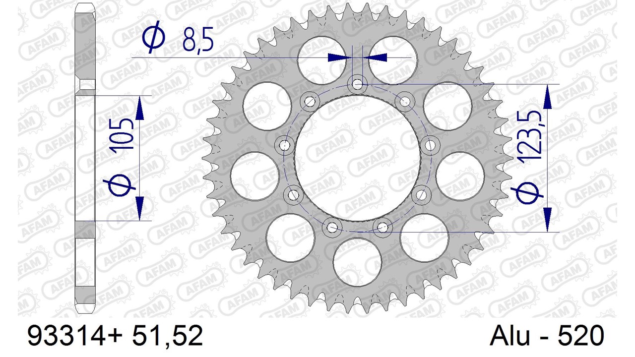 Alu-Kettenrad AFAM 520 - 51Z (Gun Metal) 93314+51 ID 105 LK 123,5 9-Loch mit Schlammnut