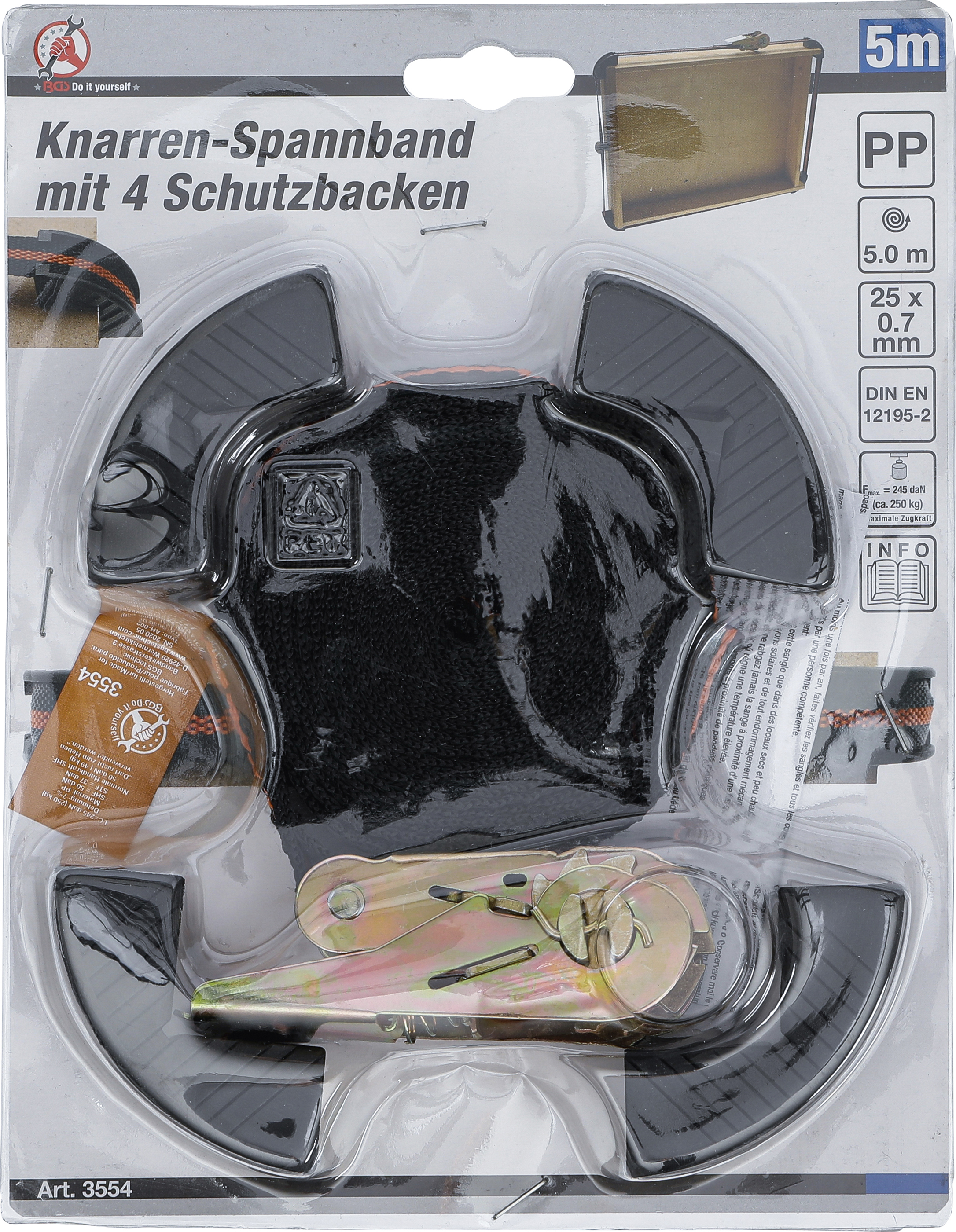 Knarrenspannband 2,5 cm x 500 cm mit Schutzbacken max. Zugkraft ca. 250 kg