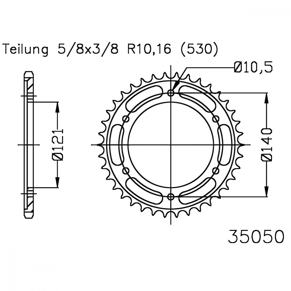 Kettenrad 40Z Teilung 530 schwarz Innendurchmesser 121 Lochkreis 140
