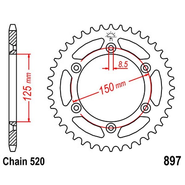 Kettenrad 52Z Teilung 520 Innendurchmesser 125 Lochkreis 150