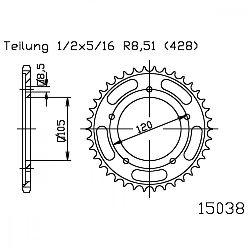 Kettenrad 56Z Teilung 428 schwarz Innendurchmesser 105 Lochkreis 120