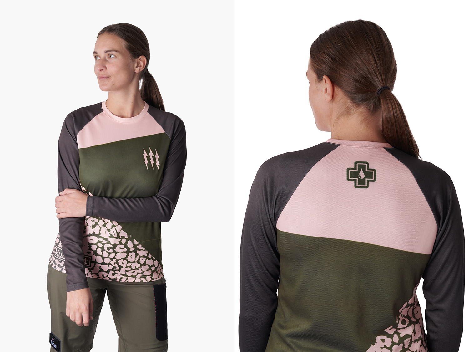 Muc Off Long Sleeve Womens Riders Jersey, Green Pink Leopard, XS