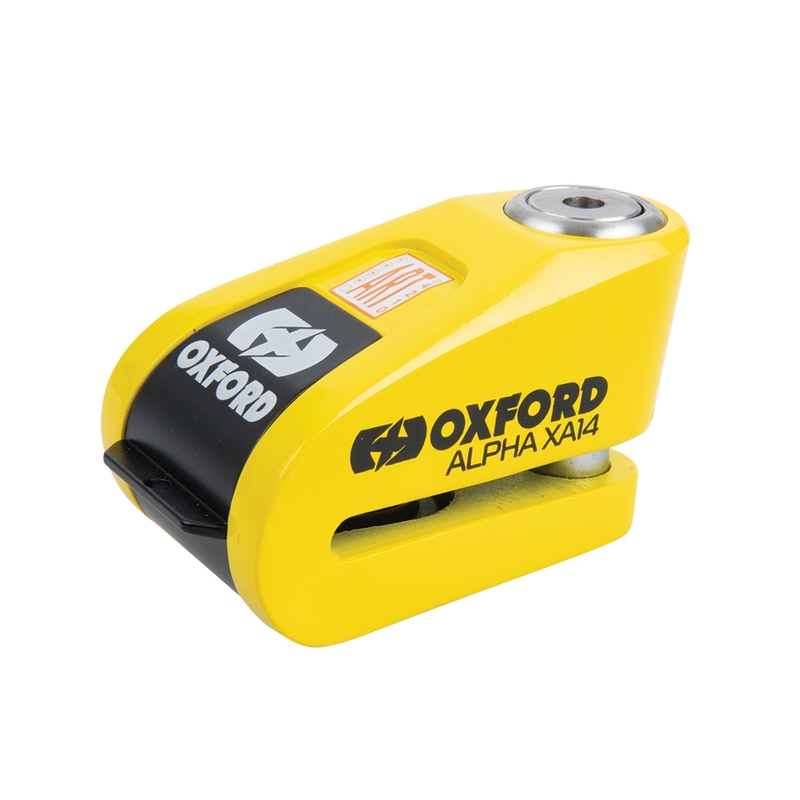 OXFORD Alpha XA14 Bremsscheibenschloss mit Alarm - Ø14mm Edelstahl Schwarz/Gelb - SRA / ART4/ Sold Secure Gold zertifiziert