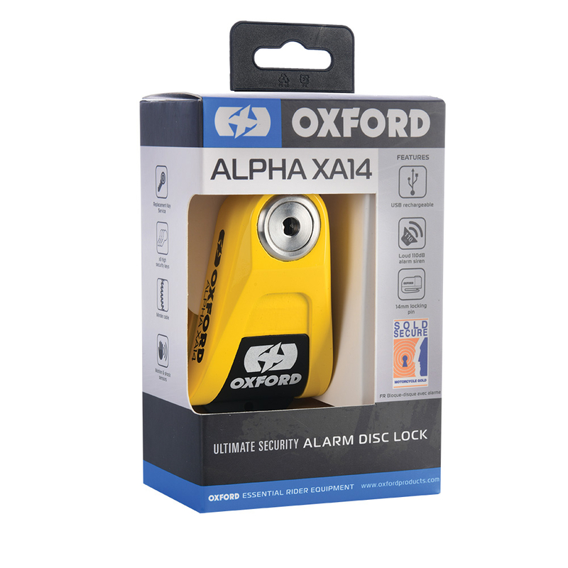 OXFORD Alpha XA14 Bremsscheibenschloss mit Alarm - Ø14mm Edelstahl Schwarz/Gelb - SRA / ART4/ Sold Secure Gold zertifiziert