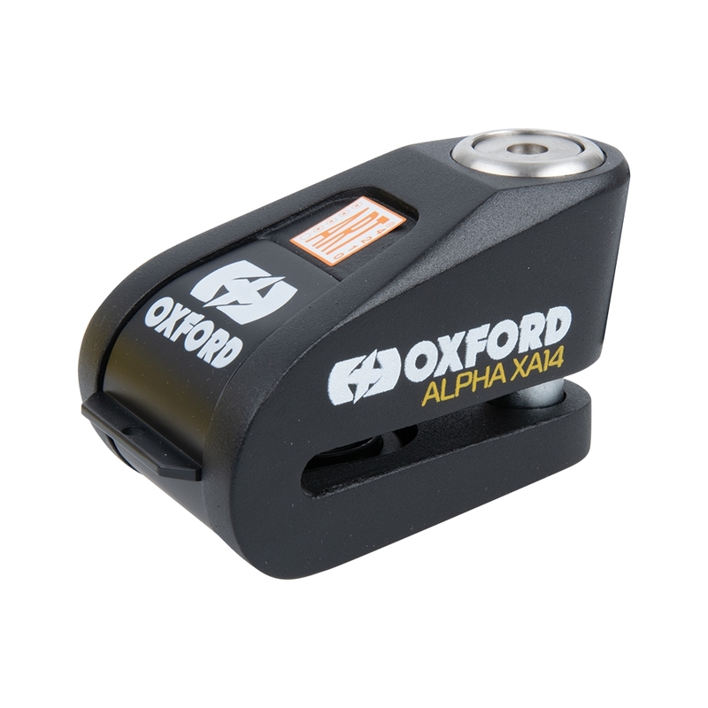 OXFORD Alpha XA14 Bremsscheibenschloss mit Alarm - Ø14mm Schwarz - SRA / ART4 / Sold Secure Gold zertifiziert